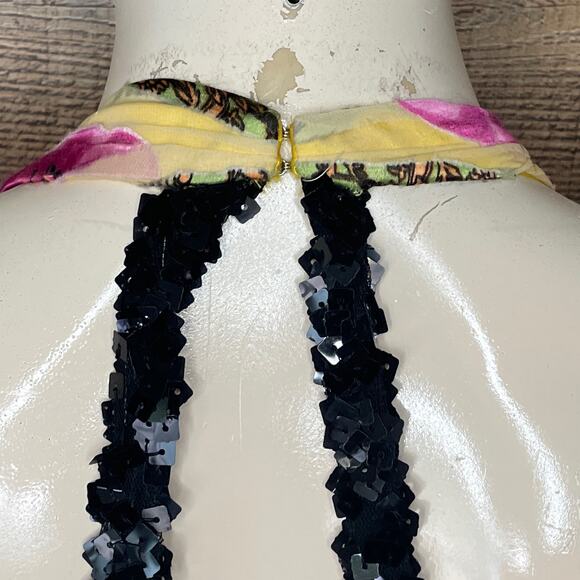 Paris Tony Bowls Yellow Floral Tiger Plunging Neck Sequin Silk Gown Dress Size 8 - Picture 9 of 14